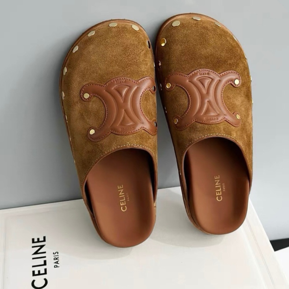 Celine Tan Suede Clogs with Gold Accents